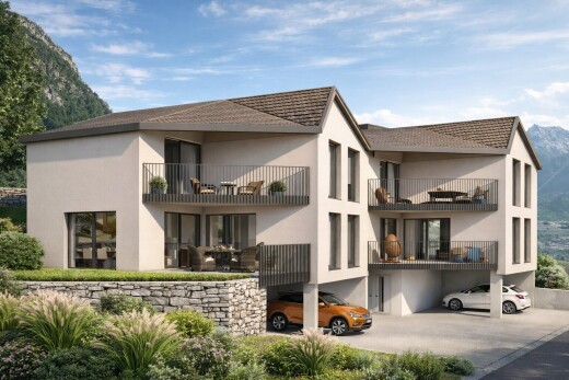 façade avec balcon, bardage en stuc, rendered, from community, et day time
