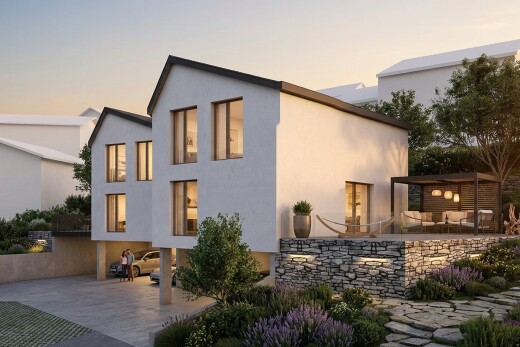 façade avec terrasse, dusk, rendered, property visible, et abri de voiture intégré