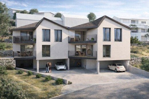 façade avec abri de voiture intégré, day time, bardage en stuc, balcon, et rendered