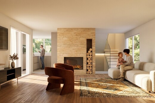 salon avec rendered, inside community, cheminée, wood finish floor, et sol en finition bois