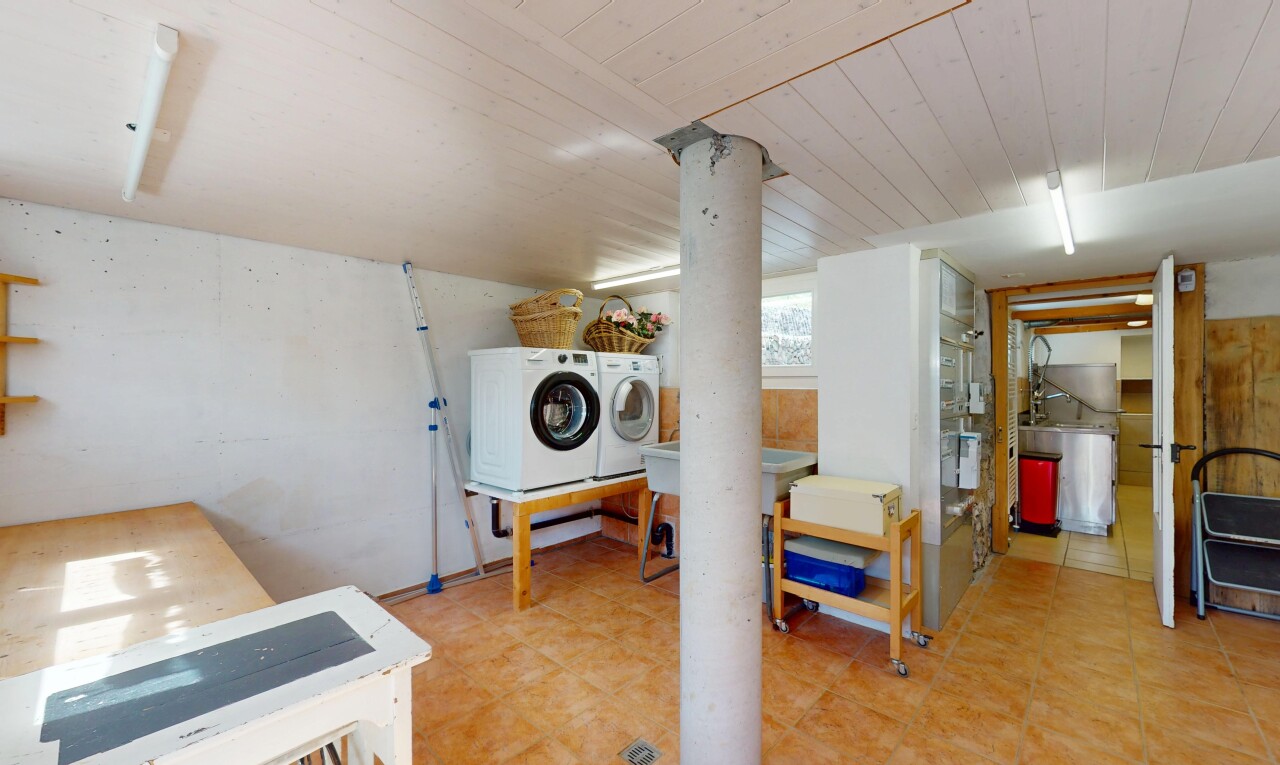 buanderie avec lave-linge et sèche-linge séparés, lumière naturelle, et buanderie
