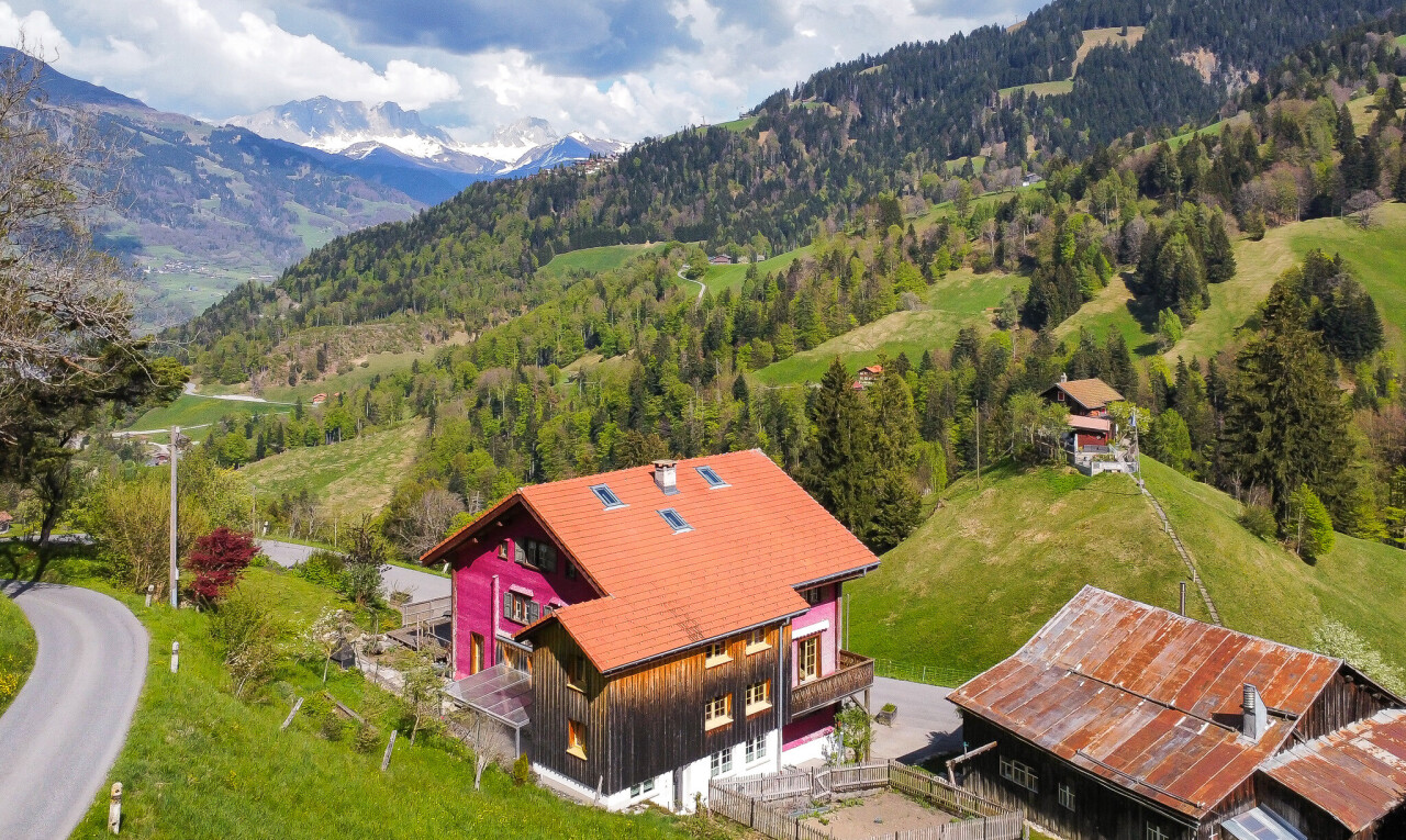façade avec bardage à clin, bardage vertical, et vue sur la montagne