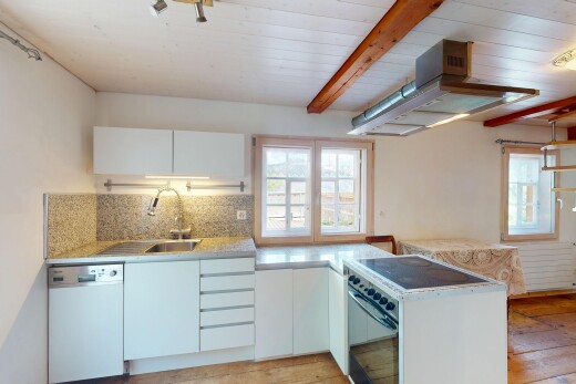 cuisine avec lave-vaisselle, lumière naturelle, plans de travail, sol en finition bois, et dosseret