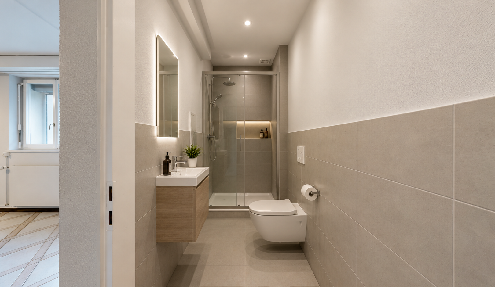 couloir avec tile wall, mur en carrelage, textured wall, mur texturé, et inside property