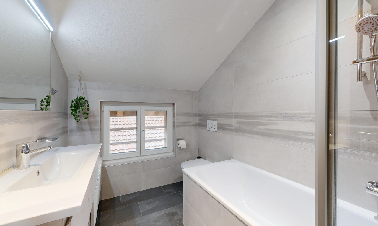 salle de bains avec miroir, plafond voûté, vaulted ceiling, lavabo (ou coiffeuse selon le contexte), et bain