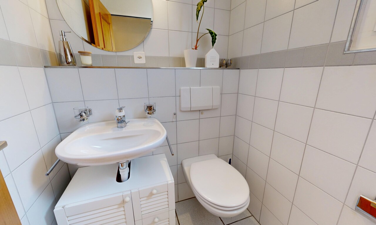 bad mit spiegel, gäste-wc, tile wall, fliesenwand, und inside property