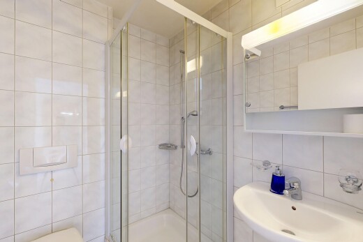 bad mit tile wall, fliesenwand, komplettes badezimmer, spiegel, und waschbecken