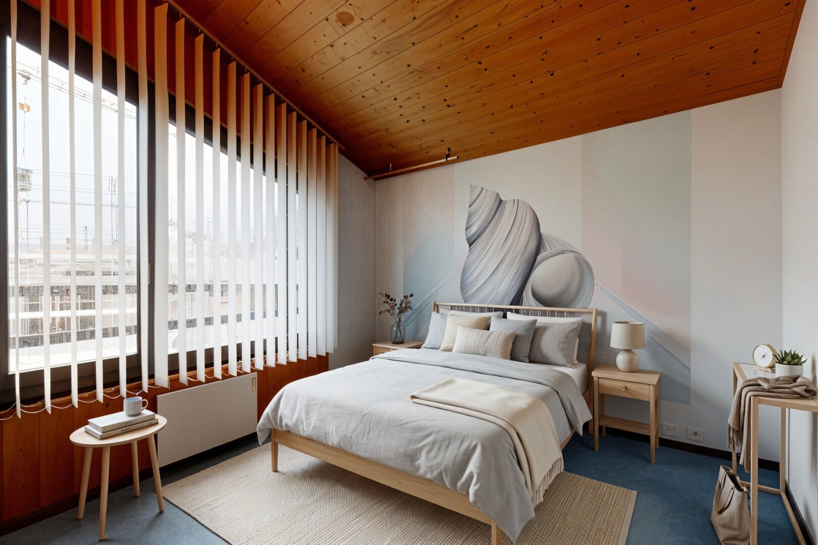 leerer raum mit holzdecke, wood ceiling, teppich, carpet, und natürliches licht