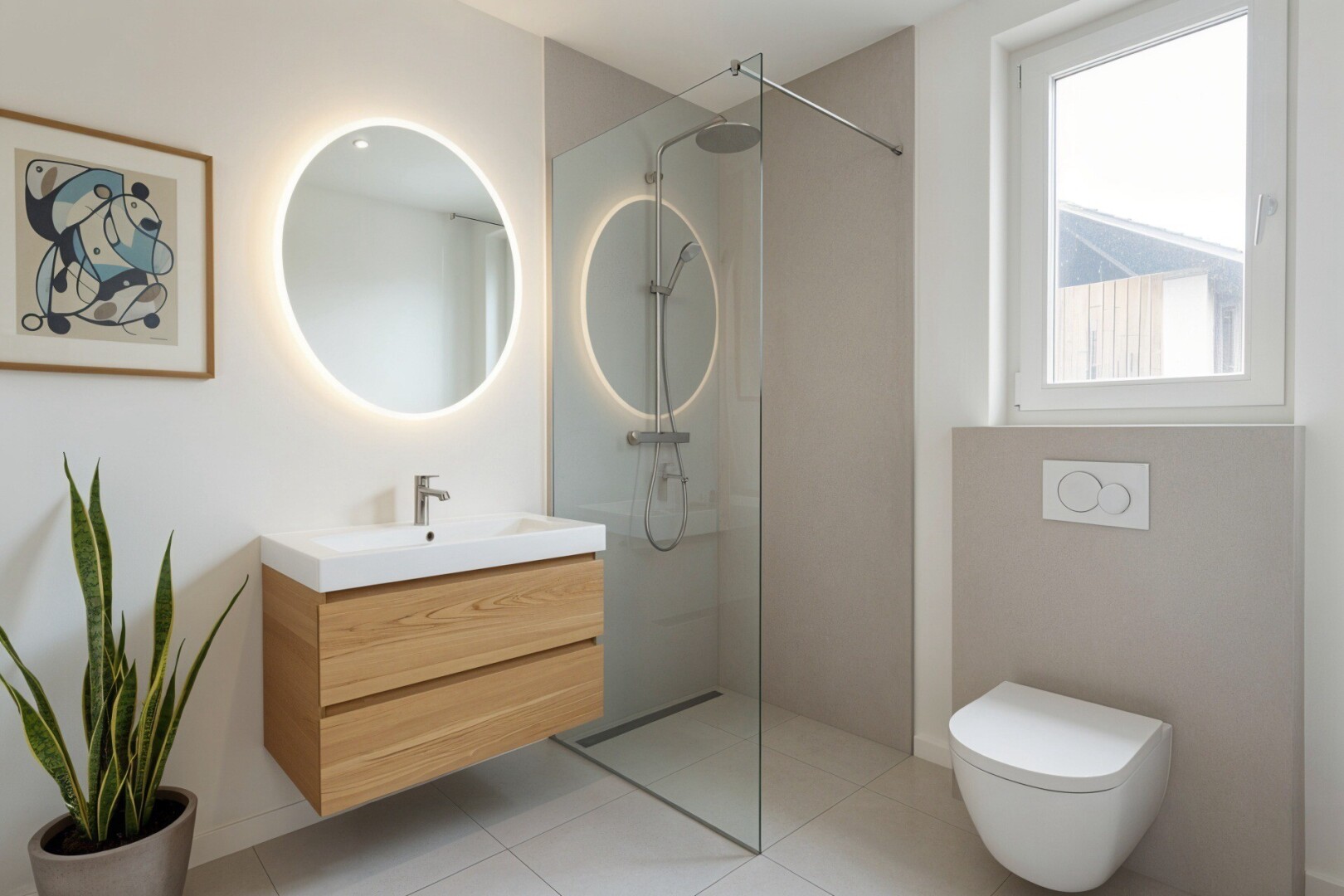 bad mit spiegel, schminktisch, komplettes badezimmer, fliesenwand, und tile wall