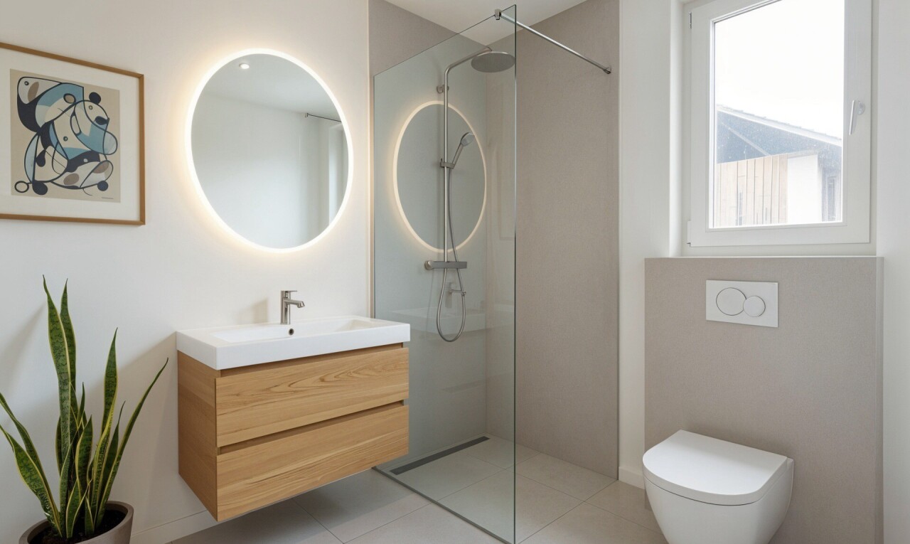 bad mit spiegel, schminktisch, komplettes badezimmer, fliesenwand, und tile wall
