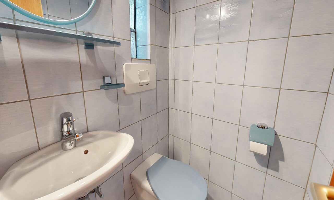 bad mit waschbecken, gäste-wc, spiegel, toilette, und tile wall