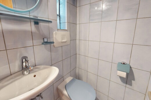 bad mit waschbecken, gäste-wc, spiegel, toilette, und tile wall