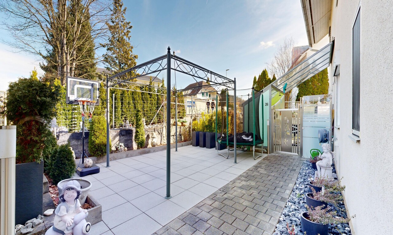 terrasse mit terrasse, day time, from property, tor, und zaun