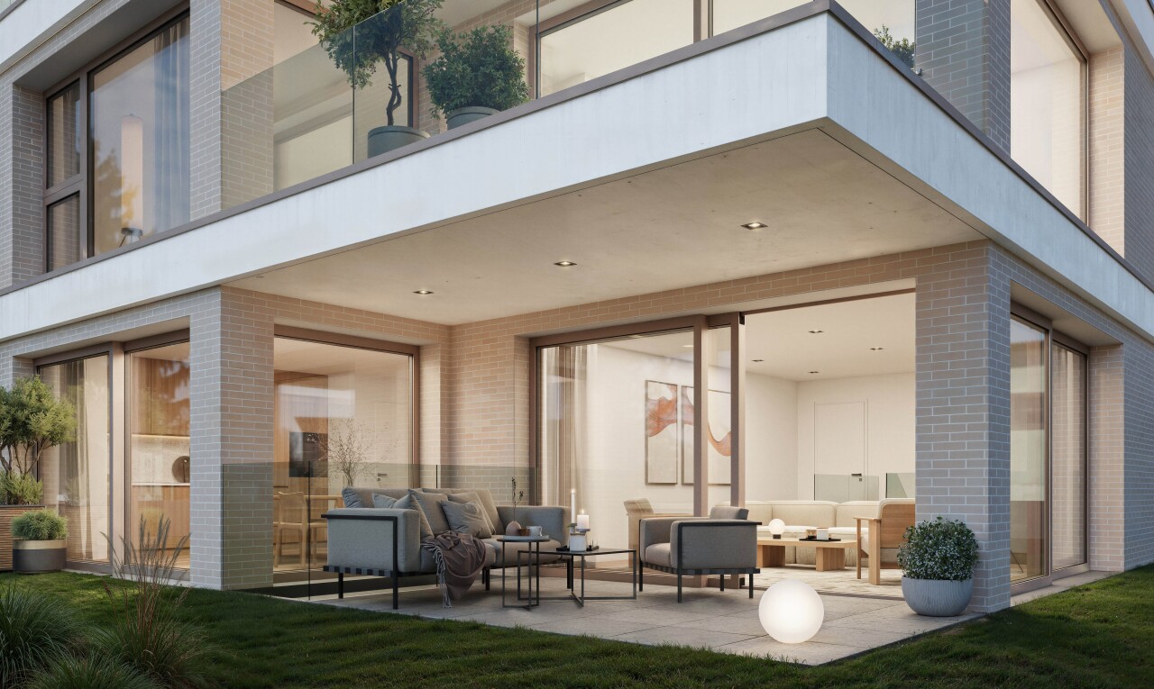 außenansicht mit wohnraum im freien, terrasse, ziegelverkleidung, property visible, und rendered