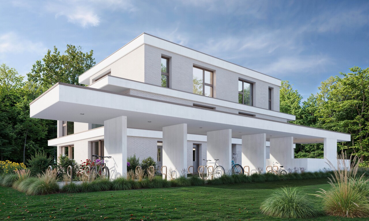 außenansicht mit rasen, property visible, day time, stuckverkleidung, und rendered