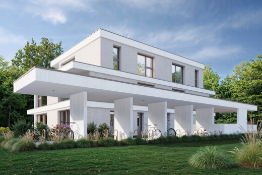 außenansicht mit rasen, property visible, day time, stuckverkleidung, und rendered
