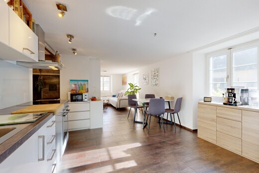 küche mit natürliches licht, schränke mit flachen paneelen, flat panel cabinets, gipskartonwand, und drywall