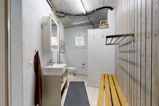 full bathroom with vanity and light tile patterned floors