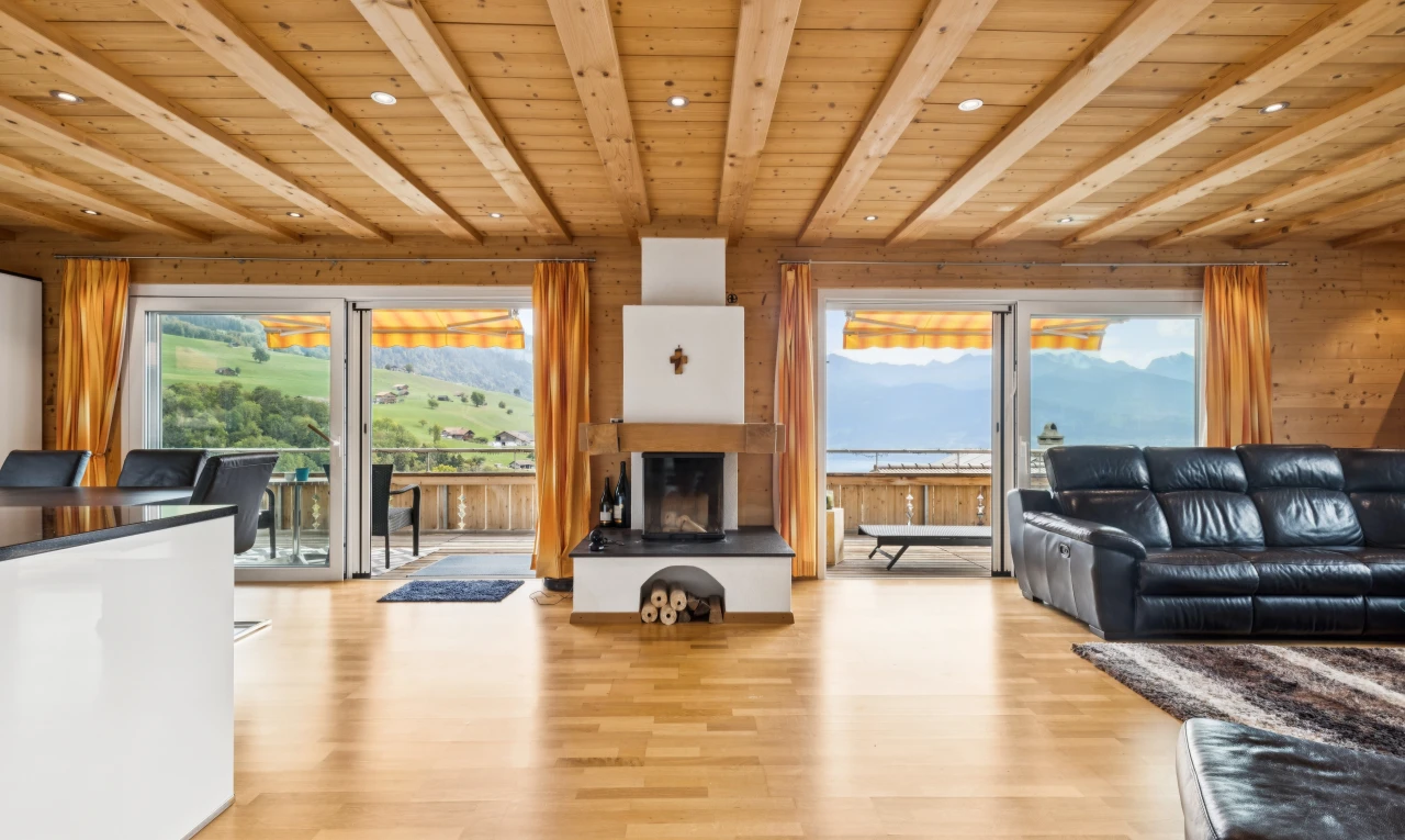 salon avec accès à l'extérieur, wood ceiling, plafond en bois, beamed ceiling, et plafond à poutres