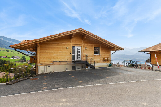 façade avec bardage en bois, bardage horizontal, vue sur la montagne, mountain view, et day time