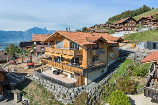 façade avec bardage horizontal, drone view, toit en tuiles, bardage en bois, et mountain view