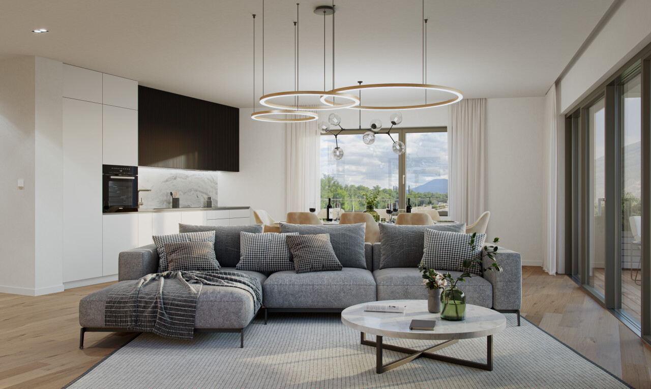 wohnzimmer mit wood finish floor, holzfußboden, bemerkenswerter kronleuchter, drywall, und gipskartonwand