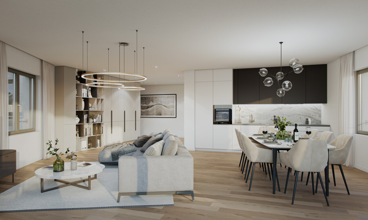 wohn- / esszimmer mit bemerkenswerter kronleuchter, holzfußboden, wood finish floor, light floor, und gipskartonwand