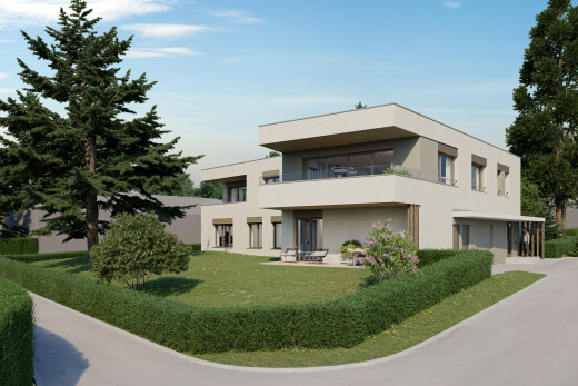 außenansicht mit balkon, stuckverkleidung, rendered, day time, und rasen