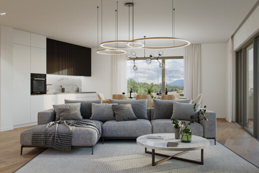 wohnzimmer mit wood finish floor, holzfußboden, bemerkenswerter kronleuchter, drywall, und gipskartonwand