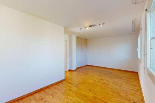 leerer raum mit holzfußboden, klapptreppe, und gipskartonwand