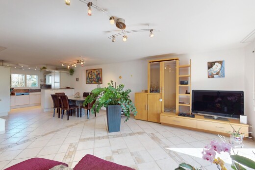 wohn- / esszimmer mit fernseher, natürliches licht, deckenbeleuchtung, und gipskartonwand