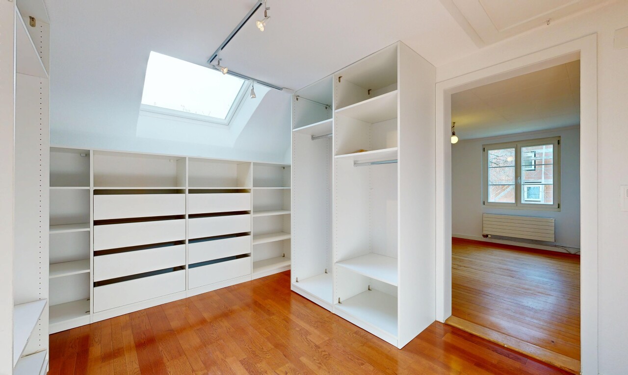 begehbarer kleiderschrank mit dachfenster, wood finish floor, holzfußboden, kühler, und light floor