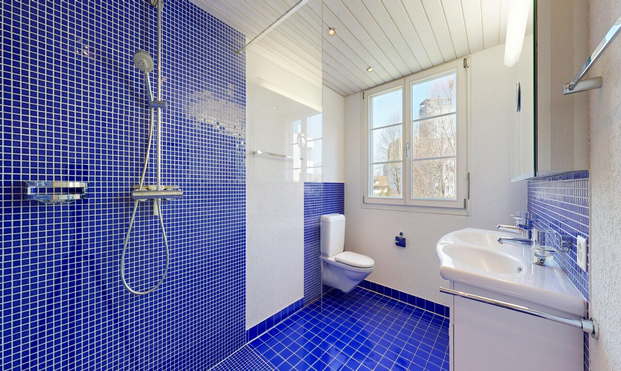 bad mit dusche, komplettes badezimmer, spiegel, schminktisch, und toilette