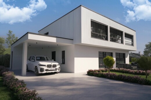 außenansicht mit property visible, day time, rendered, carport angeschlossen, und auffahrt