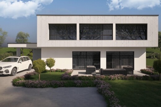 außenansicht mit rendered, property visible, day time, vertikale verkleidung, und parkplatz