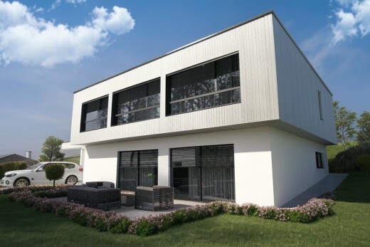 außenansicht mit property visible, day time, rendered, rasen, und wohnraum im freien