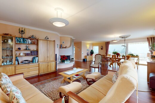 living area featuring dark wood-type flooring and ornamental molding