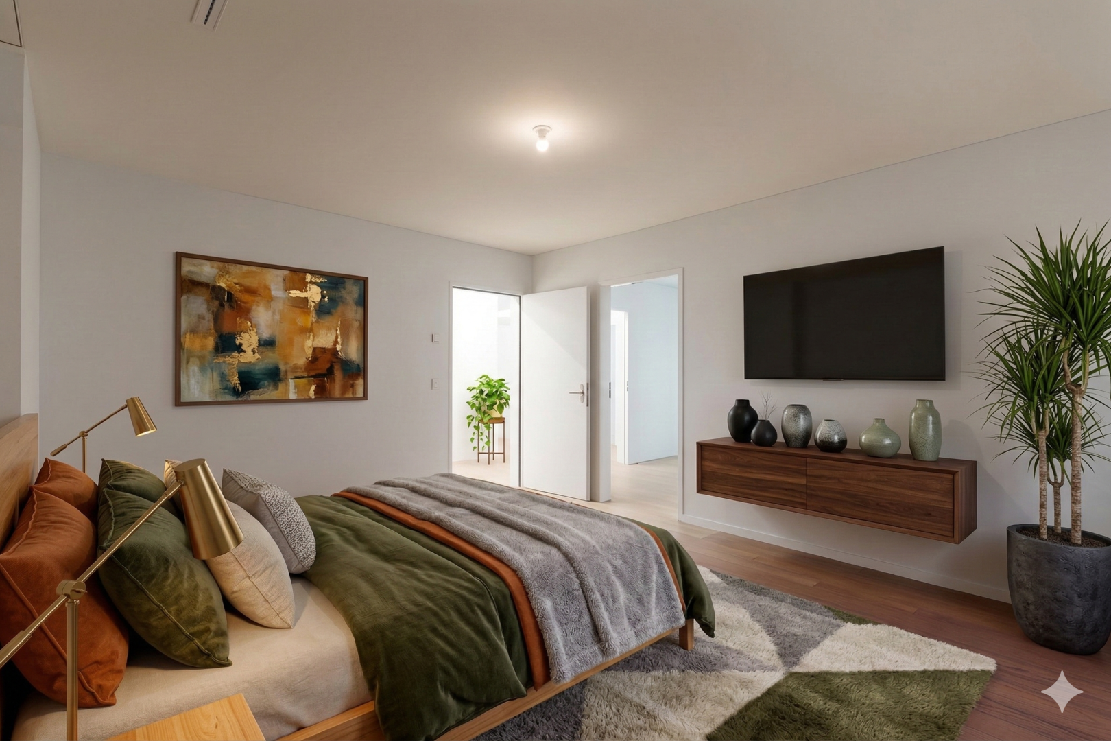 chambre avec télévision, drywall, cloison sèche, accès à l'extérieur, et wood finish floor
