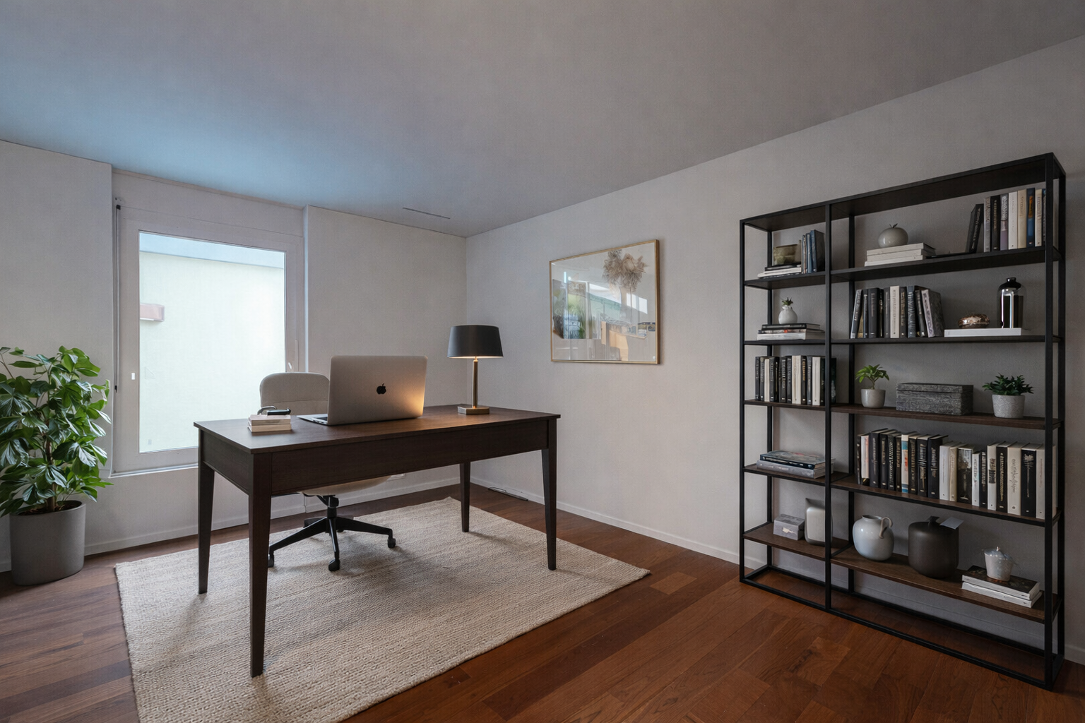 bureau avec espace bureau, inside property, cloison sèche, drywall, et sol en finition bois