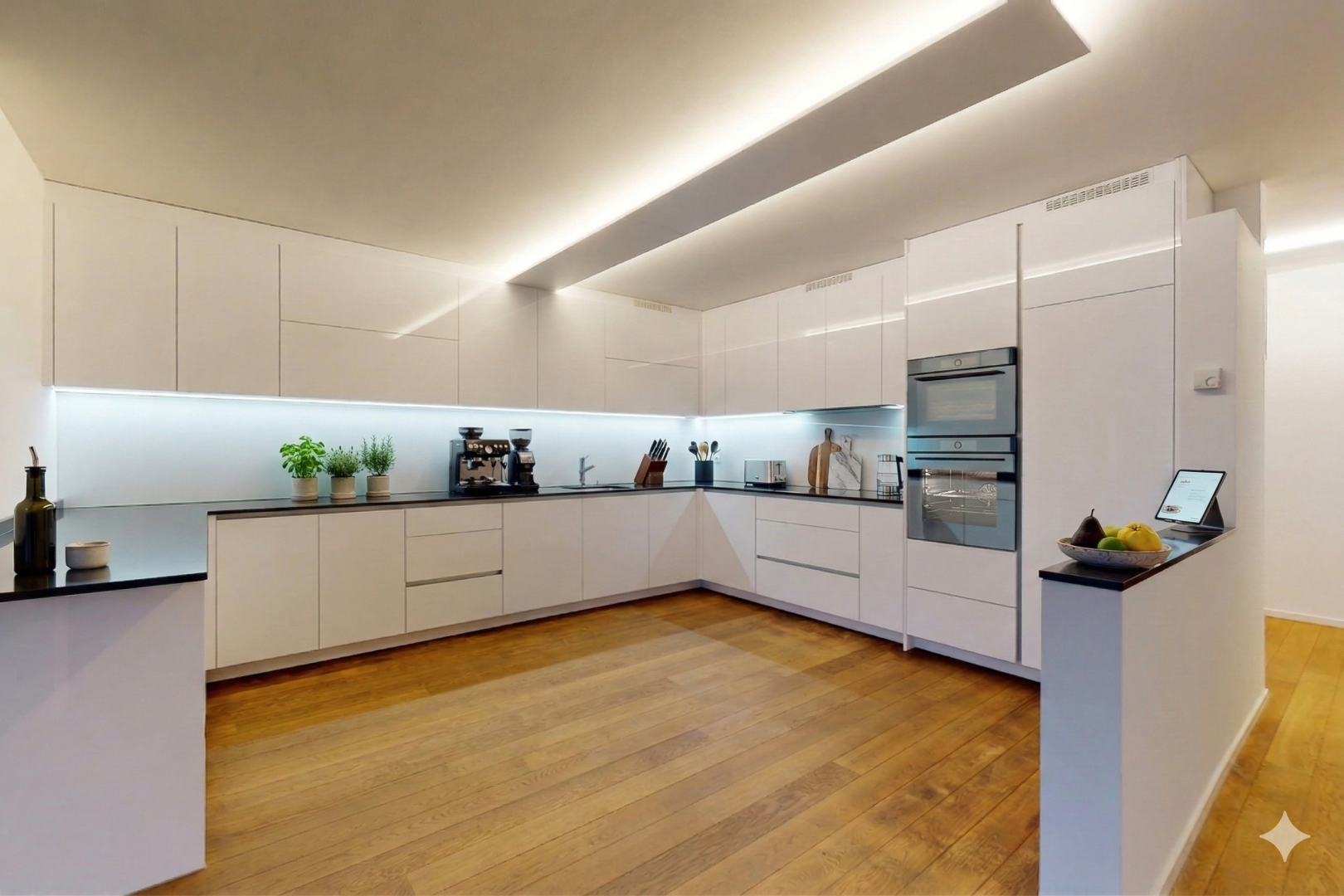 cuisine avec plans de travail, dark countertops, armoires blanches, white cabinets, et sol en finition bois