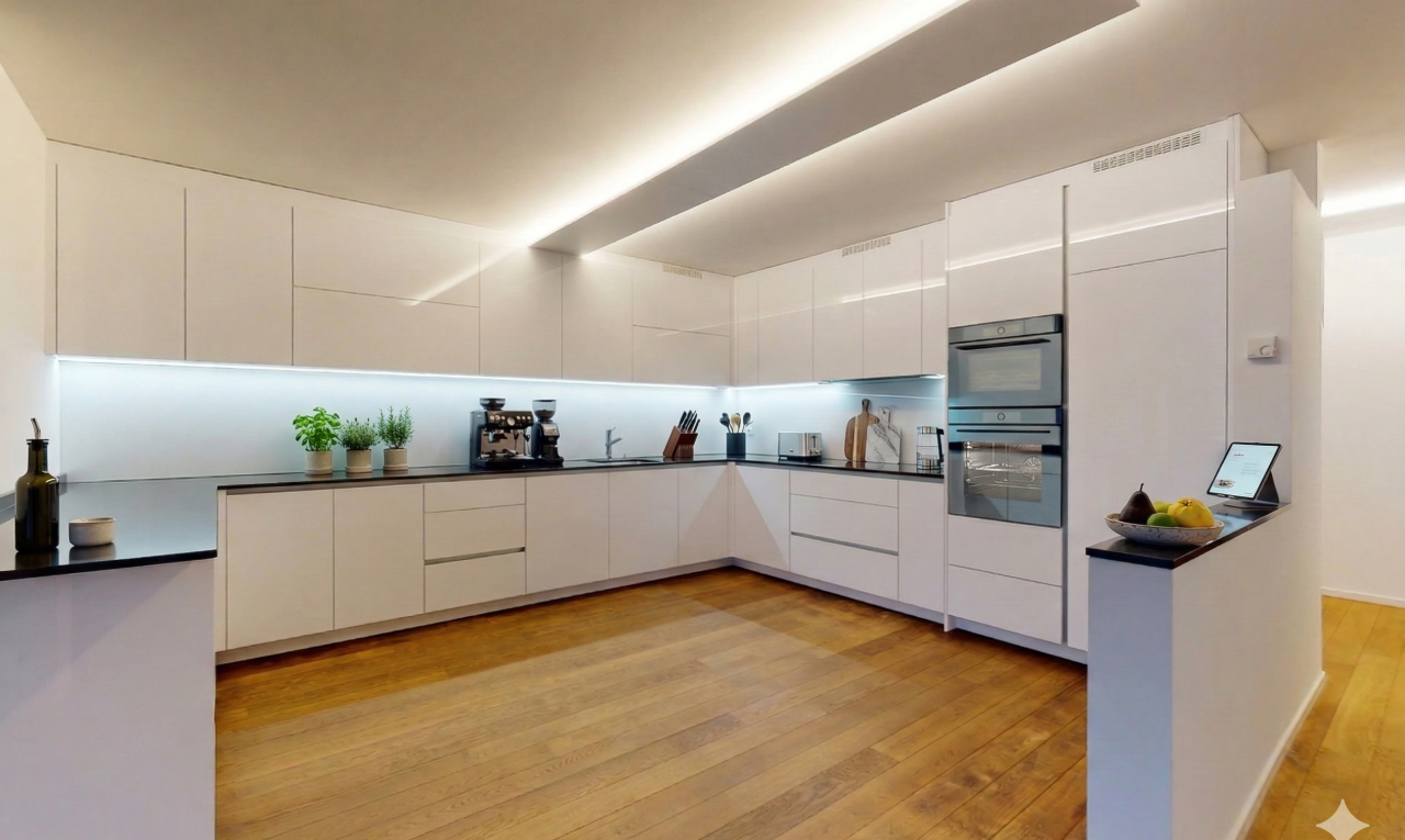 cuisine avec plans de travail, dark countertops, armoires blanches, white cabinets, et sol en finition bois