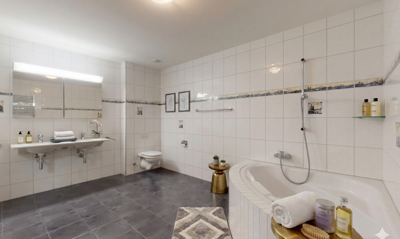 salle de bains avec mur en carrelage, tile wall, miroir, bain, et salle de bain complète