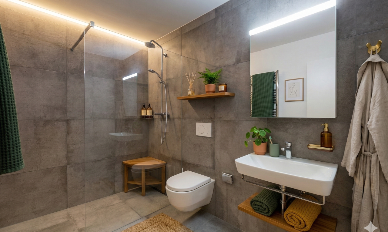 salle de bains avec miroir, salle de bain complète, tile wall, mur en carrelage, et inside property