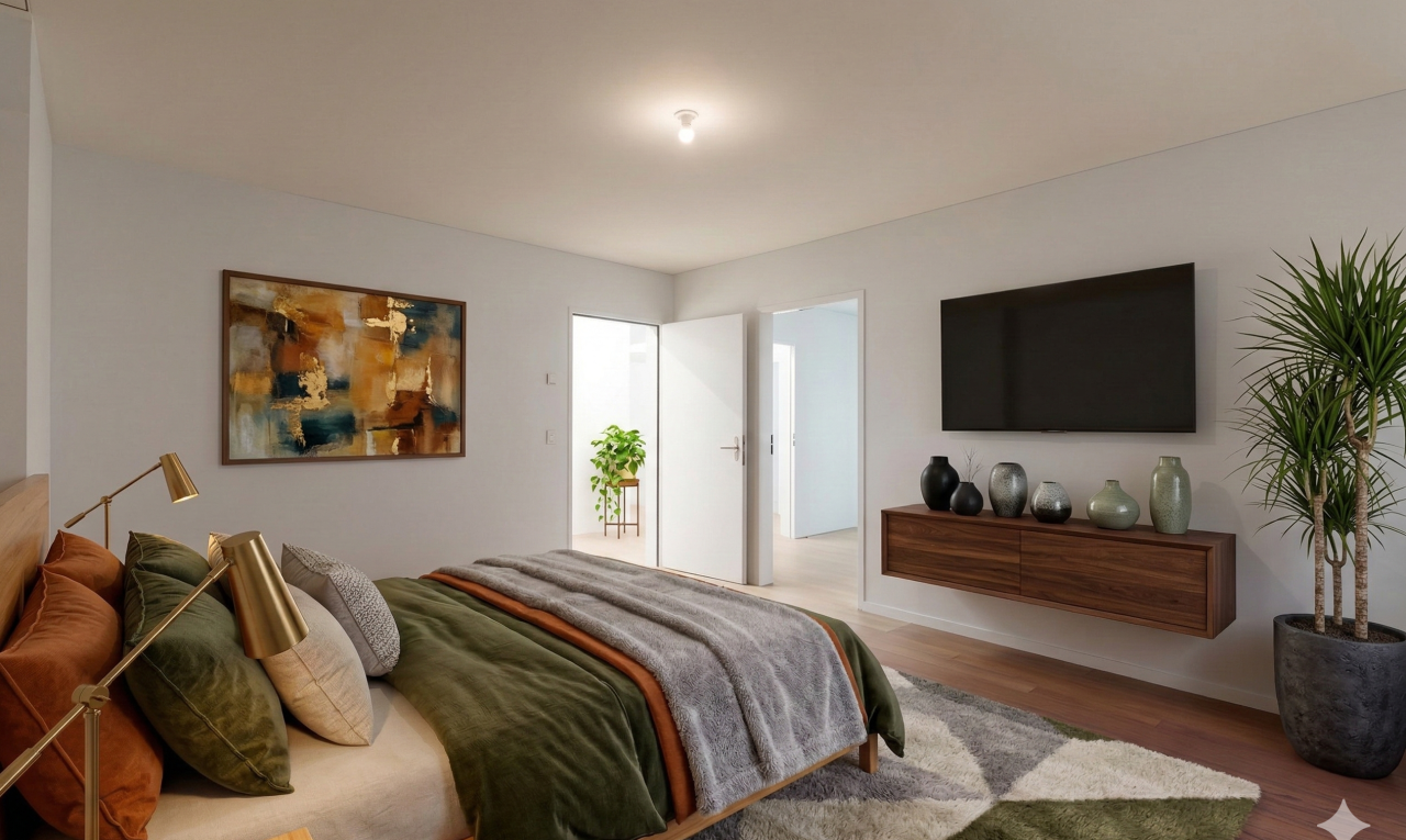 chambre avec télévision, drywall, cloison sèche, accès à l'extérieur, et wood finish floor