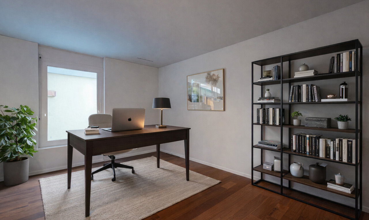bureau avec espace bureau, inside property, cloison sèche, drywall, et sol en finition bois