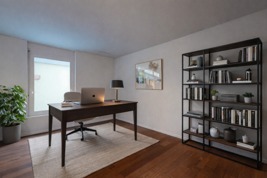 büro mit bürobereich, inside property, gipskartonwand, drywall, und holzfußboden