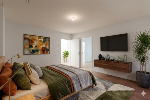 zimmer / schlafzimmer mit fernseher, drywall, gipskartonwand, außenzugang, und wood finish floor