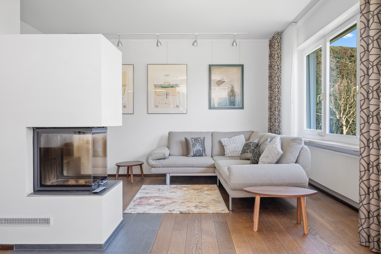 wohnzimmer mit inside property, deckenbeleuchtung, track lighting, holzfußboden, und wood finish floor