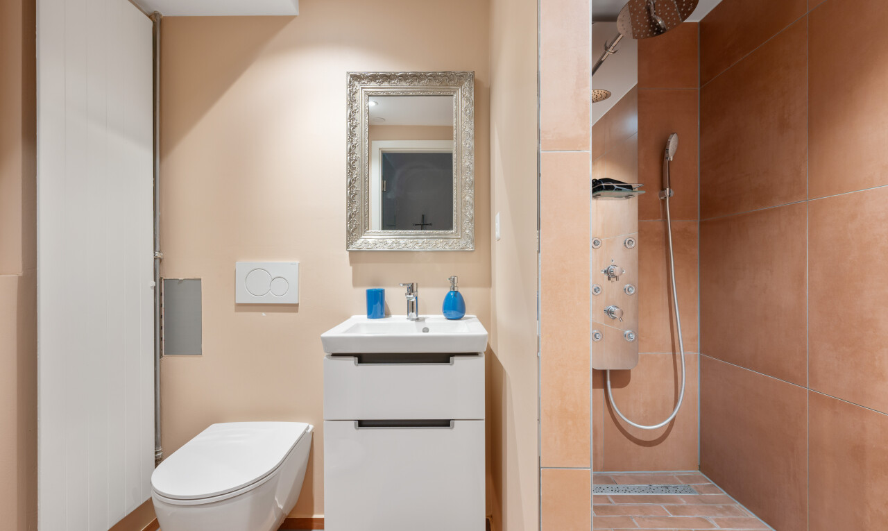 salle de bains avec lavabo (ou coiffeuse selon le contexte), inside property, douche, miroir, et drywall