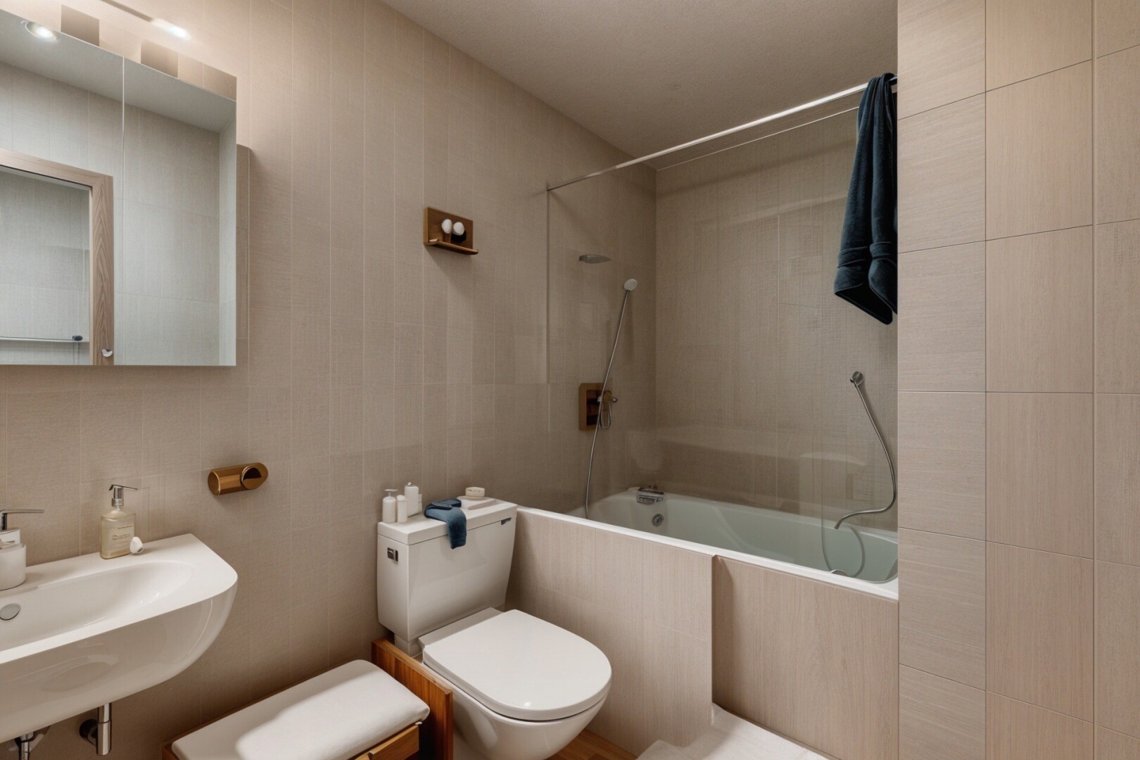 bad mit komplettes badezimmer, spiegel, inside property, fliesenwand, und tile wall
